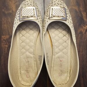 Beige Laser-Cut Slip-On Flats with Rhinestone Buckle